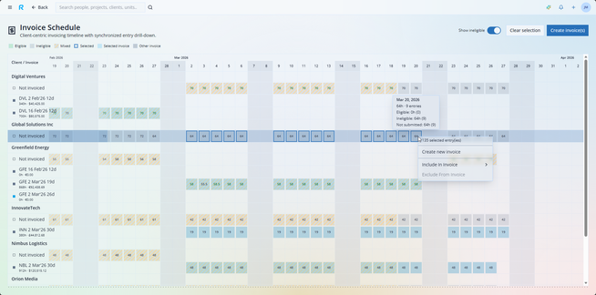 ResIt invoice schedule showing delivery time entries and invoice eligibility