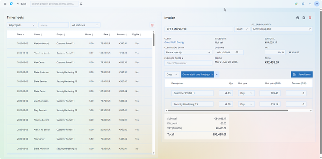 ResIt invoice editor with generated invoice lines and totals