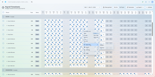 ResIt payroll timesheets view with approval workflow controls