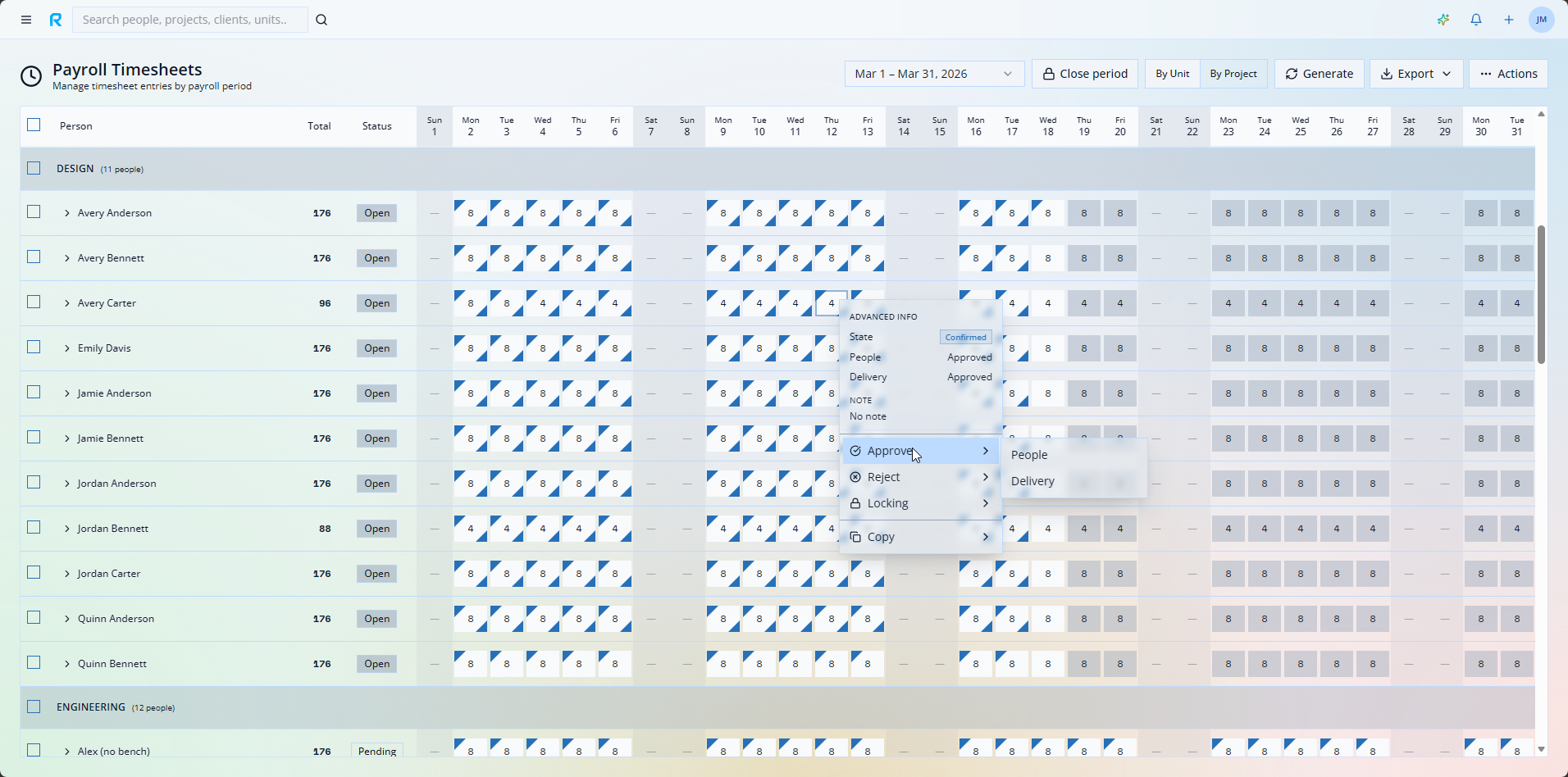 ResIt payroll timesheets view with approval workflow controls